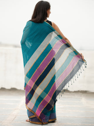 Teal Blue Green Handloom Mangalagiri Cotton Saree With Zari Border - S031704059