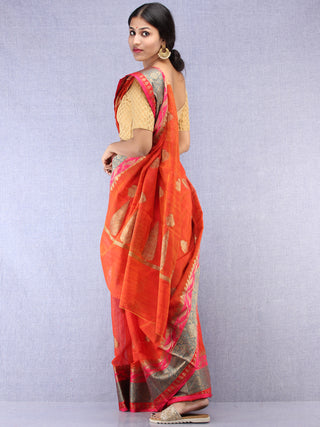 Banarasee Cotton Silk Saree With Zari Work - Rustic Red Blue & Gold - S031704438