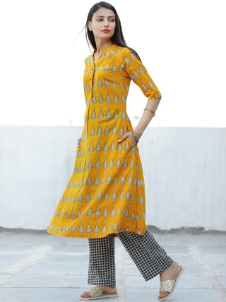 Mustard Yellow White Cotton Hand Block Printed Kurta - K001F1867