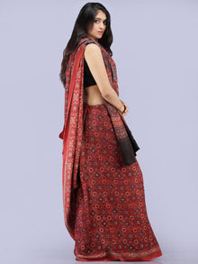 Red Beige Black Indigo Ajrakh Hand Block Printed Modal Silk Saree - S031704266