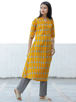 Mustard Yellow White Cotton Hand Block Printed Kurta - K001F1867