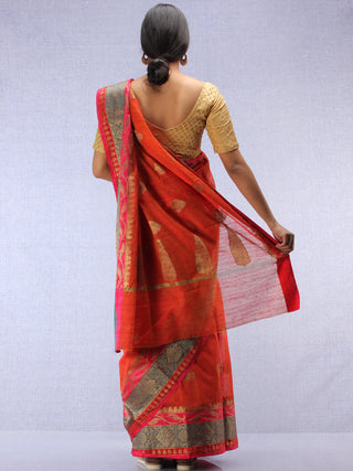 Banarasee Cotton Silk Saree With Zari Work - Rustic Red Blue & Gold - S031704438