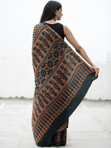 Lead Grey Rust Ajrakh Hand Block Printed Modal Silk Saree in Natural Colors - S031703728