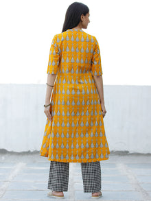 Mustard Yellow White Cotton Hand Block Printed Kurta - K001F1867
