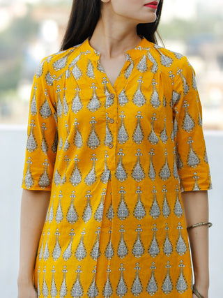 Mustard Yellow White Cotton Hand Block Printed Kurta - K001F1867