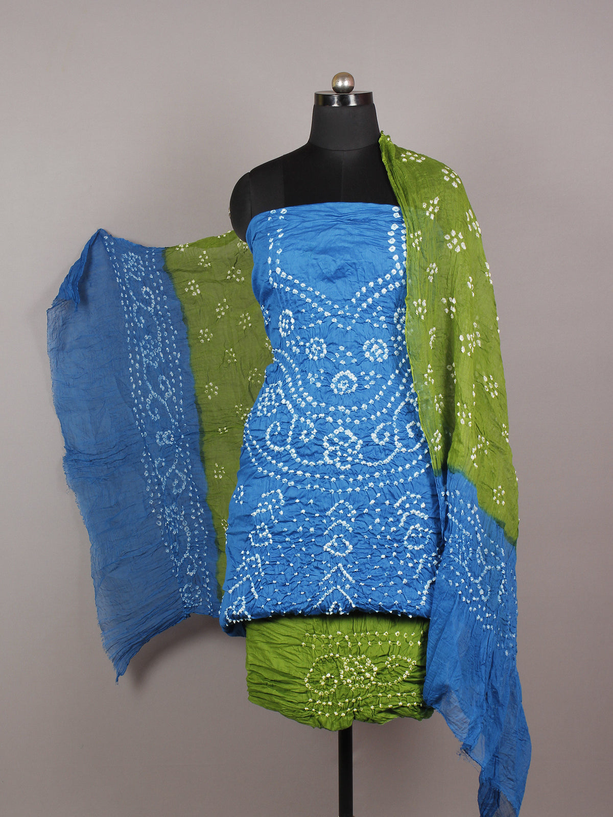 Teal Blue Green White Hand Tie & Dye Bandhej Suit Salwar Dupatta (Set of 3)  - S16281274