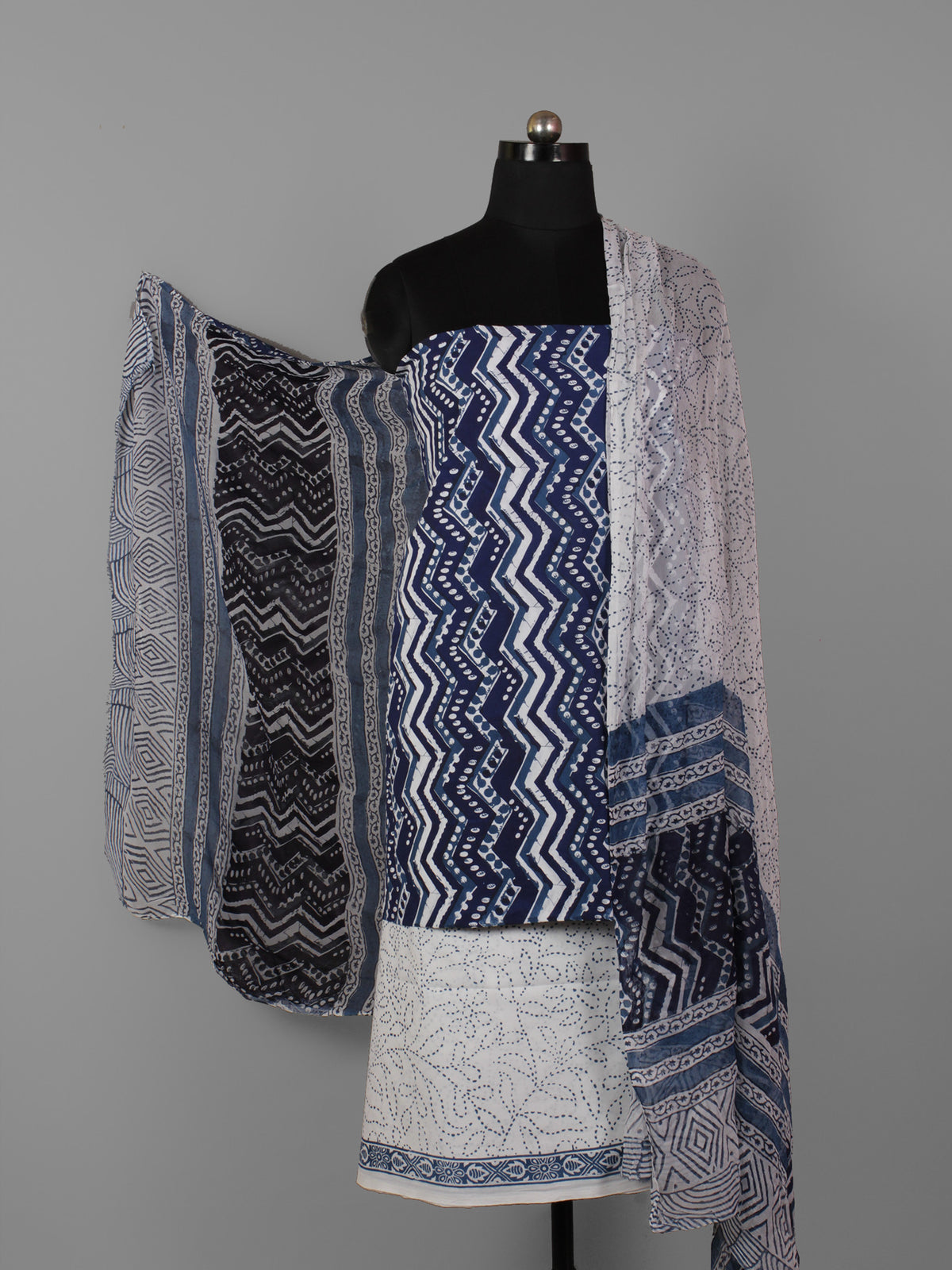 White Indigo Blue Hand Block Printed Cotton Suit-Salwar Fabric With Chiffon Dupatta (Set of 3) - S16281311