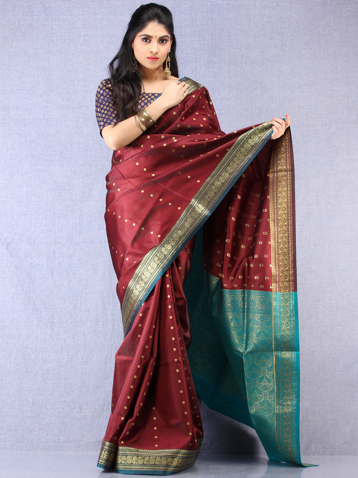 Banarasee Art Silk Self Weave Saree With Zari Work - Wine Green & Gold - S031704342