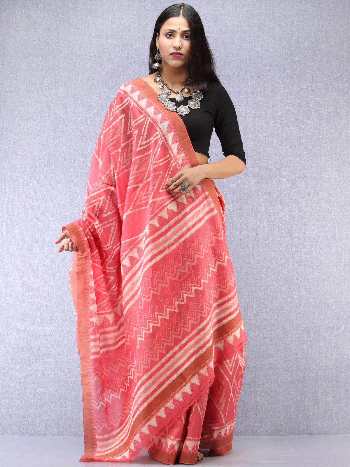 Pink Ivory Hand Block Printed Chanderi Saree With Zari Border - S031704536