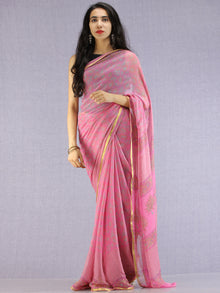Pink Green Mustard Hand Block Printed Chiffon Saree with Zari Border - S031704616