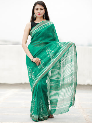Green Ivory Hand Block Printed Handwoven Linen Saree With Zari Border - S031704060