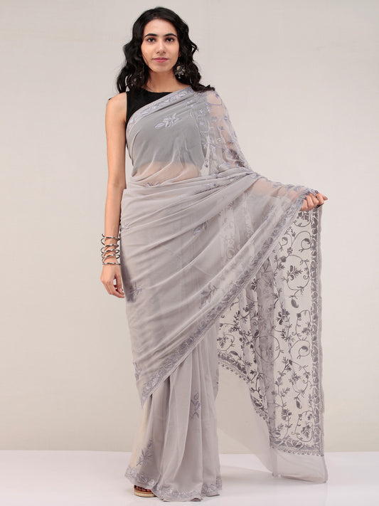 Grey Aari Embroidered Georgette Saree From Kashmir - S031704658