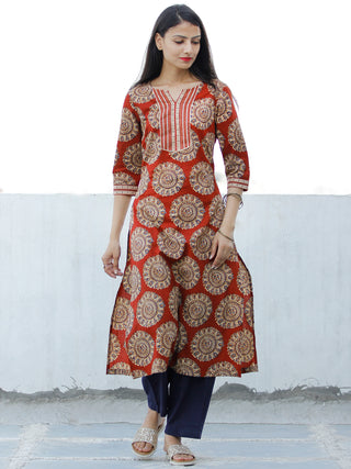 Red Beige Indigo Hand Block Printed Cotton Kurta   - K173F1883