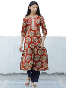 Red Beige Indigo Hand Block Printed Cotton Kurta   - K173F1883