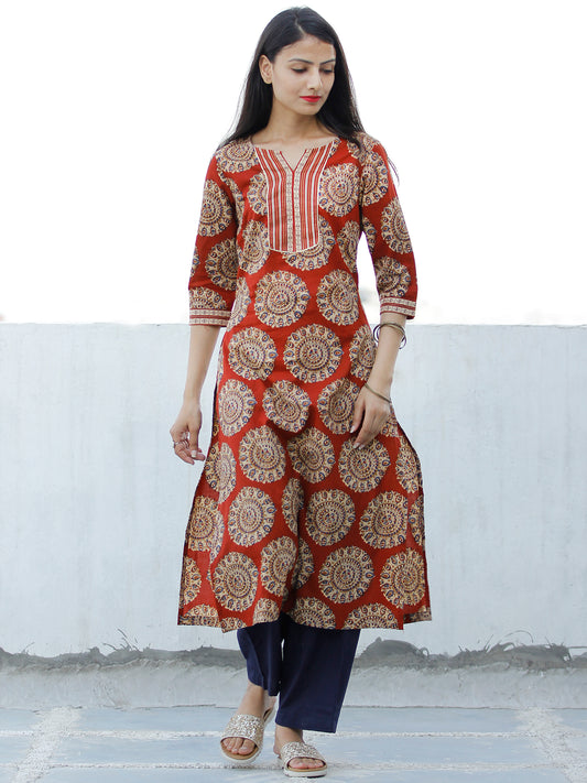 Red Beige Indigo Hand Block Printed Cotton Kurta   - K173F1883