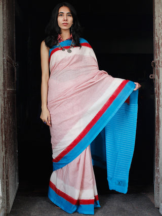 Red White Sky Blue Double Ikat Handwoven Cotton Saree - S031703544