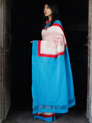 Red White Sky Blue Double Ikat Handwoven Cotton Saree - S031703544