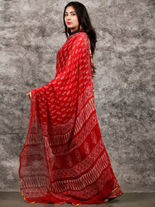 Red White Hand Block Printed Chiffon Saree with Zari Border - S031703224