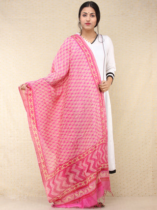 Pink White Yellow Chanderi Hand Block Printed Dupatta - D04170721