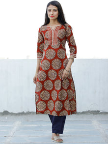 Red Beige Indigo Hand Block Printed Cotton Kurta   - K173F1883