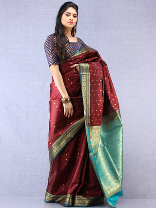Banarasee Art Silk Self Weave Saree With Zari Work - Wine Green & Gold - S031704342