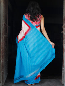 Red White Sky Blue Double Ikat Handwoven Cotton Saree - S031703544