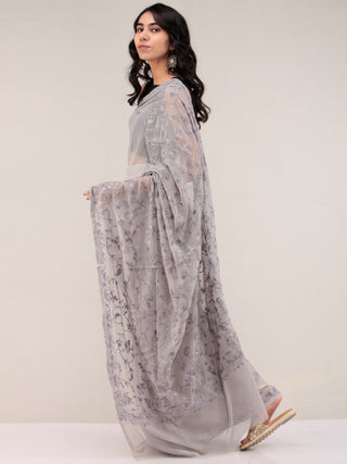 Grey Aari Embroidered Georgette Saree From Kashmir - S031704658