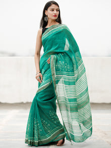 Green Ivory Hand Block Printed Handwoven Linen Saree With Zari Border - S031704060