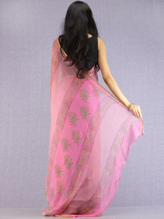 Pink Green Mustard Hand Block Printed Chiffon Saree with Zari Border - S031704616