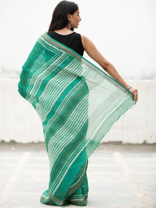 Green Ivory Hand Block Printed Handwoven Linen Saree With Zari Border - S031704060