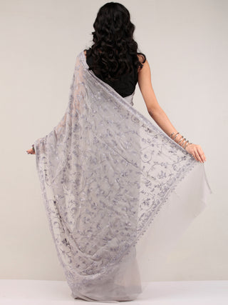 Grey Aari Embroidered Georgette Saree From Kashmir - S031704658
