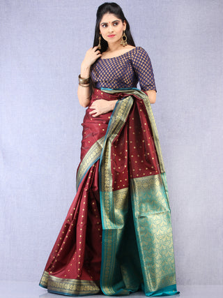 Banarasee Art Silk Self Weave Saree With Zari Work - Wine Green & Gold - S031704342