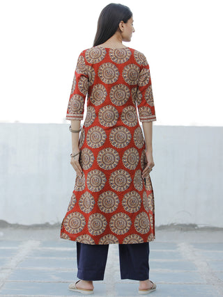 Red Beige Indigo Hand Block Printed Cotton Kurta   - K173F1883