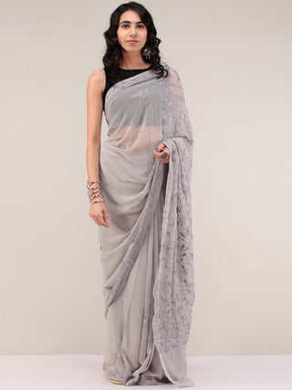 Grey Aari Embroidered Georgette Saree From Kashmir - S031704658