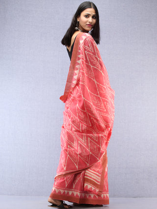 Pink Ivory Hand Block Printed Chanderi Saree With Zari Border - S031704536
