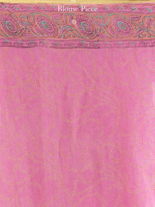 Pink Green Mustard Hand Block Printed Chiffon Saree with Zari Border - S031704616