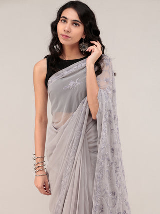 Grey Aari Embroidered Georgette Saree From Kashmir - S031704658