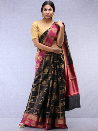 Banarasee Cotton Silk Saree With Zari Work - Black Pink & Copper Gold - S031704440