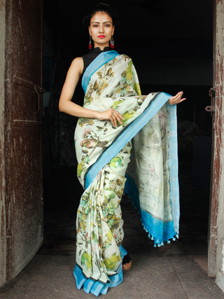 Ivory Blue Green Printed Handwoven Linen Saree With Zari Border & Tassels - S031704029