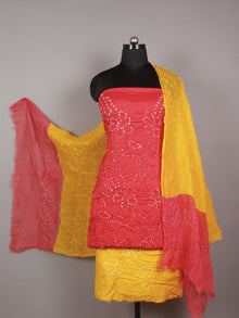 Red Yellow White Hand Tie & Dye Bandhej Suit Salwar Dupatta (Set of 3)  - S16281275