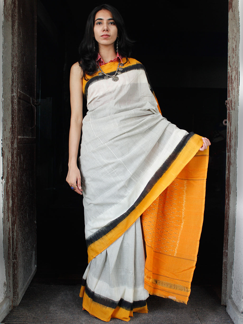 White Black Rust Orange Double Ikat Handwoven Mercerised Cotton