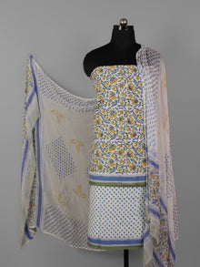 White Blue Rust Orange Hand Block Printed Cotton Suit-Salwar Fabric With Chiffon Dupatta (Set of 3) - S16281312