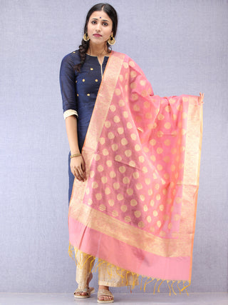 Banarasi Chanderi Dupatta With Resham Work - Pink & Gold - D04170825