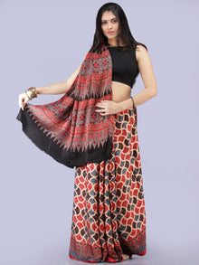 Red Indigo Black Beige Ajrakh Hand Block Printed Modal Silk Saree - S031704267