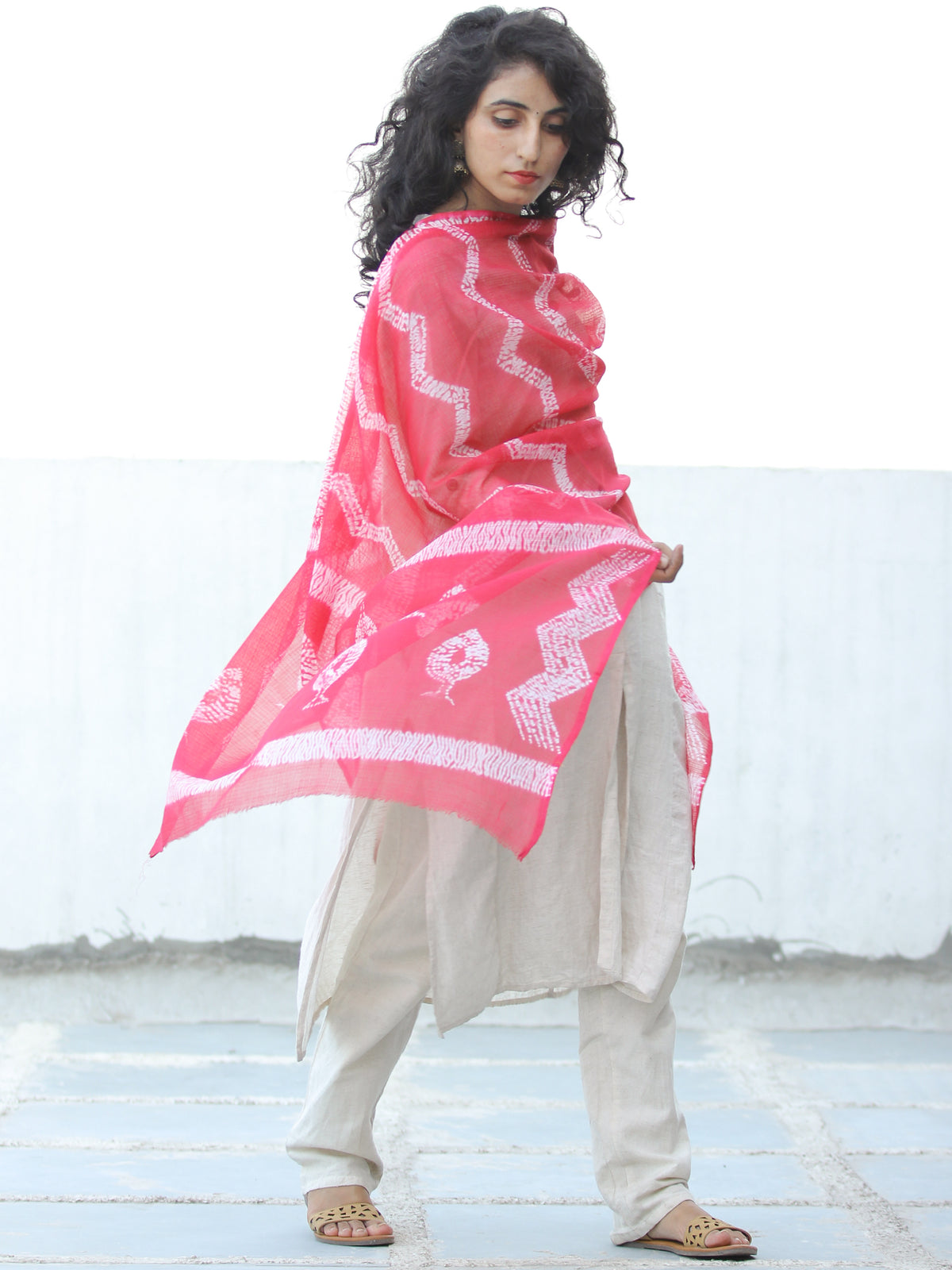 Coral White Shibori Kota Doria Cotton Hand Block Printed Dupatta  - D04170664