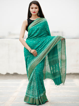 Green Ivory Hand Block Printed Handwoven Linen Saree With Zari Border - S031704061