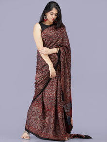 Maroon Black Indigo Ajrakh Hand Block Printed Modal Silk Saree - S031704196