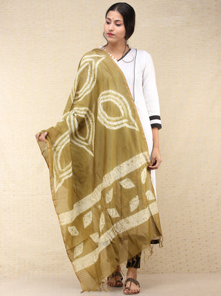 Olive Green White Chanderi Shibori Hand Block Printed Dupatta - D04170722