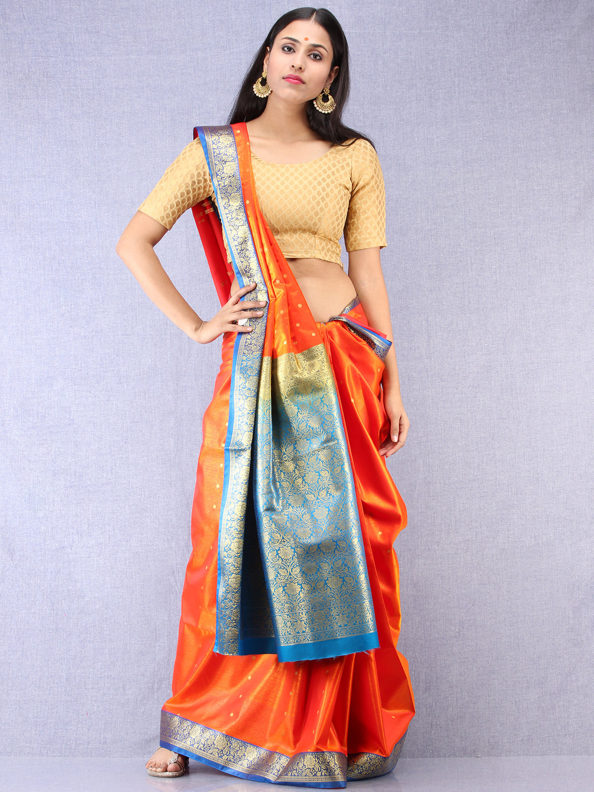 Banarasee Art Silk Self Weave Saree With Zari Work - Orange Sky Blue & Gold - S031704343