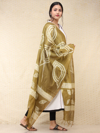 Olive Green White Chanderi Shibori Hand Block Printed Dupatta - D04170722